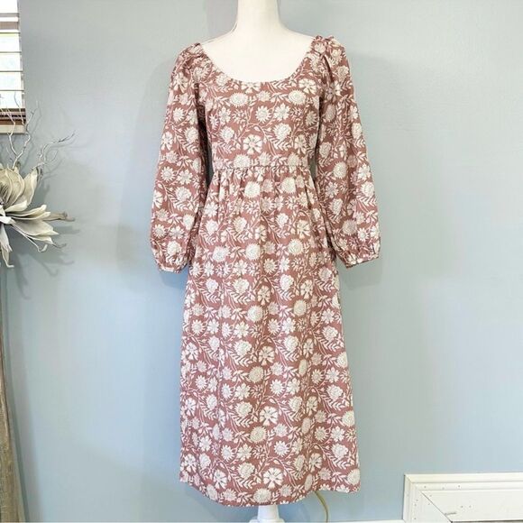 FAHERTY Freya Clay Jai Floral Blouson Sleeve 100% Cotton Flowy Midi Dress Sz S - Picture 5 of 12